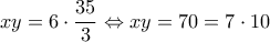 xy = 6 \cdot \dfrac{{35}}{3} \Leftrightarrow xy = 70 = 7 \cdot 10