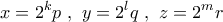 \displaystyle{x=2^{k}p \ , \ y=2^{l}q \ , \ z=2^{m}r}