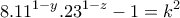 \displaystyle{8.11^{1-y}.23^{1-z} -1 =k^2}