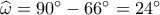 \widehat \omega  = 90^\circ  - 66^\circ  = 24^\circ