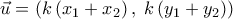 \displaystyle
\vec u = \left( {k\left( {x_1 + x_2 } \right),\;k\left( {y_1 + y_2 } \right)} \right) \displaystyle
\vec u = \left( {k\left( {x_1 + x_2 } \right),\;k\left( {y_1 + y_2 } \right)} \right)