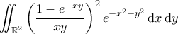 \displaystyle \iint_{\mathbb{R}^2} \left( \frac{1-e^{-xy}}{xy}\right)^2e^{-x^2-y^2} \, \mathrm{d}x\, \mathrm{d}y \displaystyle \iint_{\mathbb{R}^2} \left( \frac{1-e^{-xy}}{xy}\right)^2e^{-x^2-y^2} \, \mathrm{d}x\, \mathrm{d}y