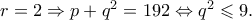 r=2\Rightarrow p+q^{2}=192\Leftrightarrow q^{2}\leqslant 9.