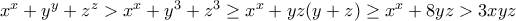 x^x+y^y+z^z>x^x+y^3+z^3\geq x^x+yz(y+z)\geq x^x+8yz>3xyz