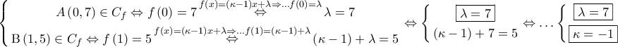 \displaystyle{ 
\left\{ \begin{gathered} 
  A\left( {0,7} \right) \in C_f  \Leftrightarrow f\left( 0 \right) = 7\mathop  \Leftrightarrow \limits^{f\left( x \right) = \left( {\kappa  - 1} \right)x + \lambda  \Rightarrow  \ldots f\left( 0 \right) = \lambda } \lambda  = 7 \\  
  {\rm B}\left( {1,5} \right) \in C_f  \Leftrightarrow f\left( 1 \right) = 5\mathop  \Leftrightarrow \limits^{f\left( x \right) = \left( {\kappa  - 1} \right)x + \lambda  \Rightarrow  \ldots f\left( 1 \right) = \left( {\kappa  - 1} \right) + \lambda } \left( {\kappa  - 1} \right) + \lambda  = 5 \\  
\end{gathered}  \right. \Leftrightarrow \left\{ \begin{gathered} 
  \boxed{\lambda  = 7} \\  
  \left( {\kappa  - 1} \right) + 7 = 5 \\  
\end{gathered}  \right. \Leftrightarrow  \ldots \left\{ \begin{gathered} 
  \boxed{\lambda  = 7} \\  
  \boxed{\kappa  =  - 1} \\  
\end{gathered}  \right. 
}
