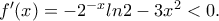 f' (x) = -2^{-x} ln2 -3x^2 <0 .