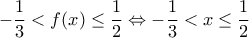 \displaystyle -\frac {1} {3}<f(x) \leq \frac {1} {2} \Leftrightarrow -\frac {1} {3}<x\leq \frac {1} {2}