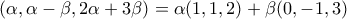 \displaystyle{(\alpha ,\alpha -\beta ,2\alpha +3\beta)=\alpha (1,1,2 )+\beta(0,-1,3)} \displaystyle{(\alpha ,\alpha -\beta ,2\alpha +3\beta)=\alpha (1,1,2 )+\beta(0,-1,3)}