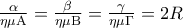 \frac{\alpha }{{\eta \mu {\rm A}}} = \frac{\beta }{{\eta \mu {\rm B}}} = \frac{\gamma }{{\eta \mu \Gamma }} = 2R \frac{\alpha }{{\eta \mu {\rm A}}} = \frac{\beta }{{\eta \mu {\rm B}}} = \frac{\gamma }{{\eta \mu \Gamma }} = 2R