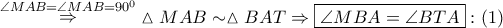 \mathop  \Rightarrow \limits^{\angle MAB = \angle MAB = {{90}^0}} \vartriangle MAB \sim \vartriangle BAT \Rightarrow \boxed{\angle MBA = \angle BTA}:\left( 1 \right)