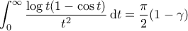 \displaystyle{\int_0^{\infty} \frac{\log t (1- \cos t)}{t^2} \, {\rm d}t=\frac{\pi}{2}(1-\gamma)}