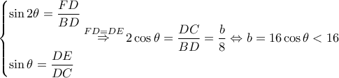 \displaystyle \left\{ \begin{gathered} 
  \sin 2\theta  = \frac{{FD}}{{BD}} \hfill \\ 
   \hfill \\ 
  \sin \theta  = \frac{{DE}}{{DC}} \hfill \\  
\end{gathered}  \right.\mathop  \Rightarrow \limits^{FD = DE} 2\cos \theta  = \frac{{DC}}{{BD}} = \frac{b}{8} \Leftrightarrow b = 16\cos \theta  < 16