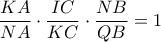 \displaystyle{\frac{{KA}}{{NA}} \cdot \frac{{IC}}{{KC}} \cdot \frac{{NB}}{{QB}} = 1}