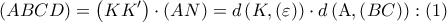 \displaystyle{ 
\left( {ABCD} \right) = \left( {KK'} \right) \cdot \left( {AN} \right) = d\left( {K,\left( \varepsilon  \right)} \right) \cdot d\left( {{\rm A},\left( {BC} \right)} \right):\left( 1 \right) 
}