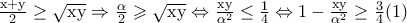 \frac{\textrm{x+y}}{2}\geq \sqrt{\textrm{xy}}\Rightarrow \frac{\alpha }{2}\geqslant \sqrt{\textrm{xy}}\Leftrightarrow \frac{\textrm{xy}}{\alpha ^{2}}\leq \frac{1}{4}\Leftrightarrow 1-\frac{\textrm{xy}}{\alpha ^{2}}\geq \frac{3}{4}  (1)