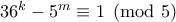36^k-5^m\equiv 1\pmod5